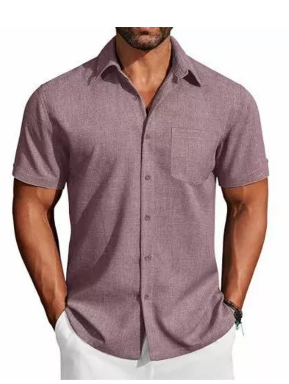 #310. Men's Short Sleeve Casual Button-Down Shirt in Dusty Mauve